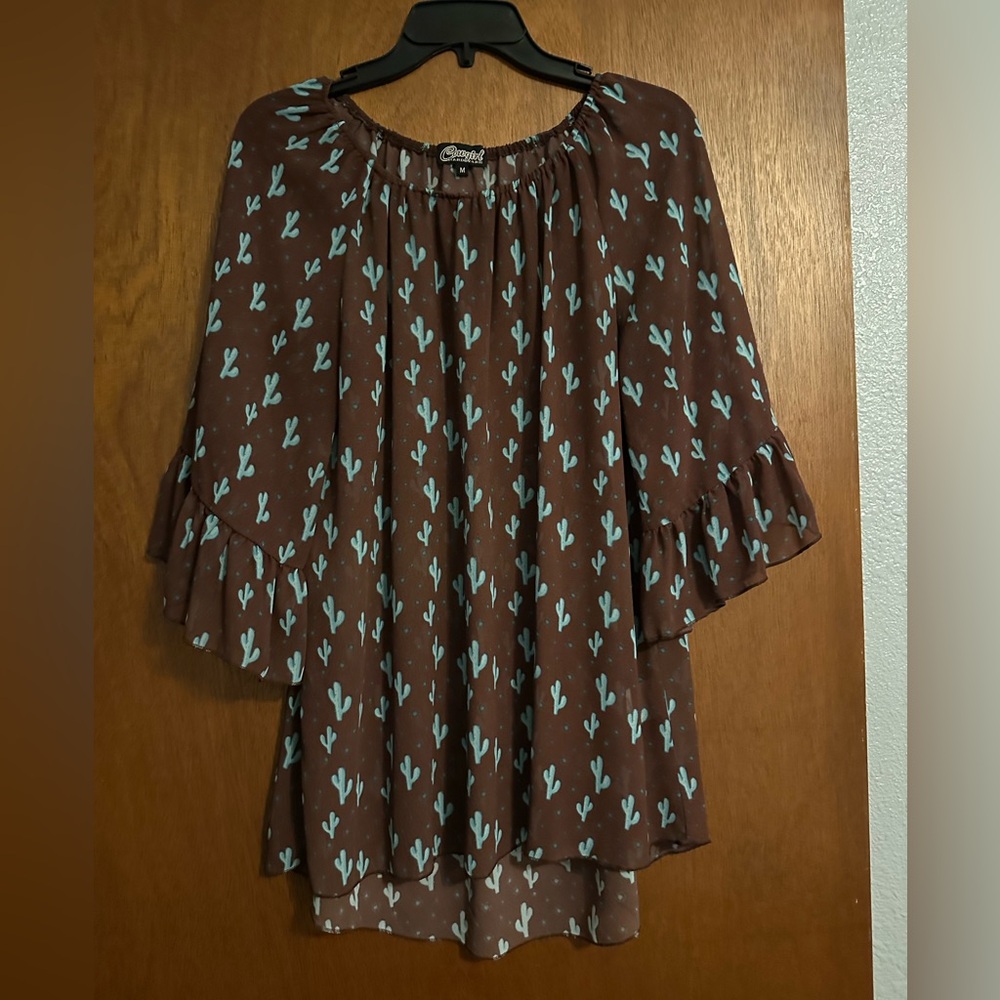 Cowgirl Hardware Brown and Blue Cactus Print Blouse